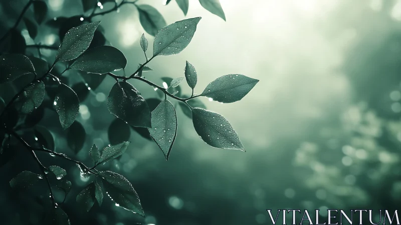 Dew covered tree leaves against diffuse soft focus background.