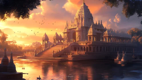 Sunset light bathes majestic riverside temple in warmth