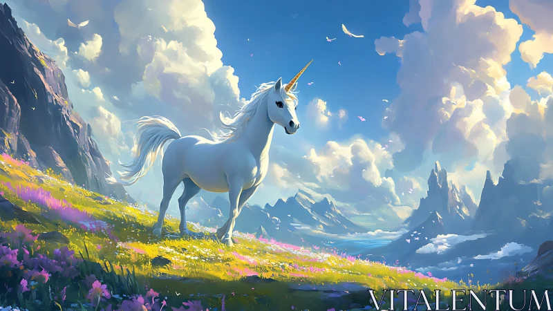 White unicorn standing on flowered hillside in fantasy valley.