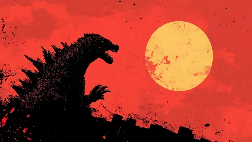 Monochrome kaiju silhouette against oversized solar disc.