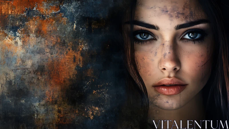 Digital portrait merges woman face with abstract rusted wall.
