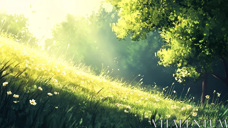 Sunlit grassy slope with flowers beneath dense green tree.