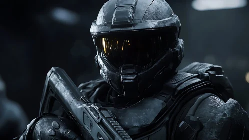 Midnight armored sentinel waits in gleaming tactical silence