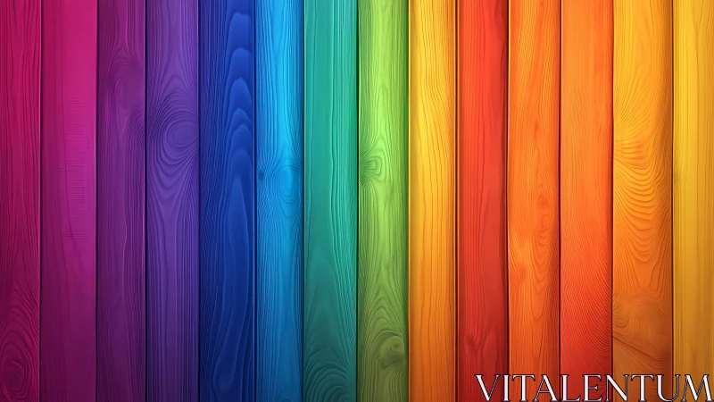 Vertical wooden planks in continuous rainbow color gradient.