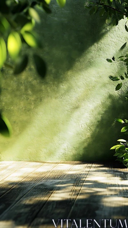 Sunlit garden corner with leafy shadows and rustic floor.