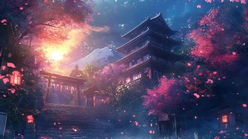 Twilight temple stairway overlooks blooming sakura valley