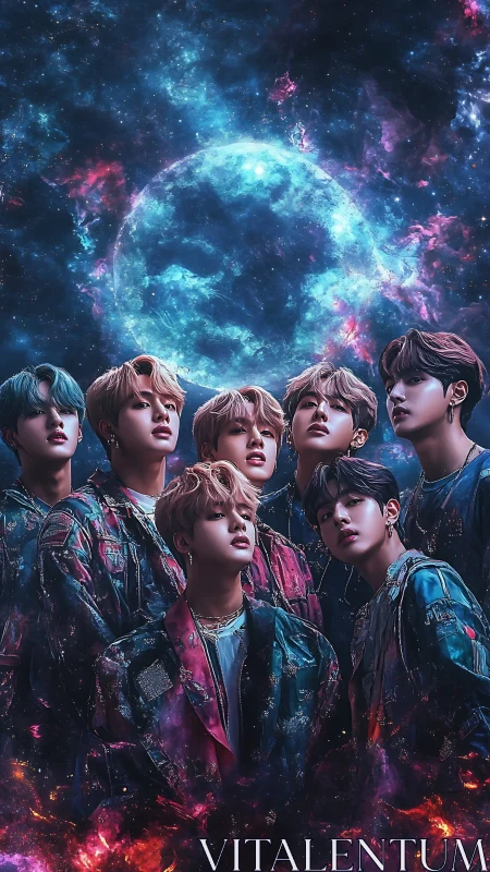 Celestial boy group beneath nebula-wreathed blue planet.