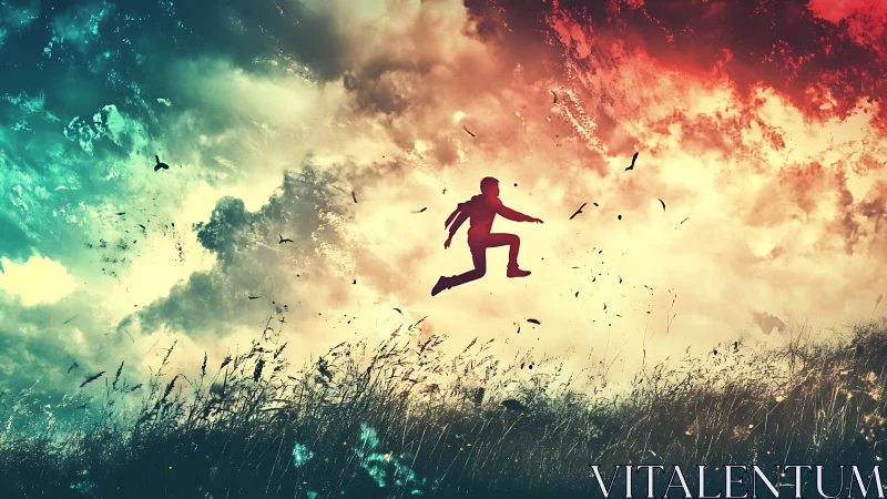 Silhouetted figure leaping over windblown field under dual-toned sky.