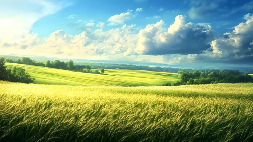 Sunlit grain fields under expansive cloud filled sky.