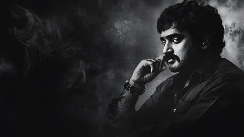 Thoughtful man rests in dramatic black and white shadows