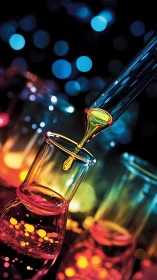 Laboratory glassware with pipette transferring colored liquid.