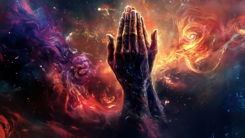 Praying hands rise through swirling cosmic nebula light