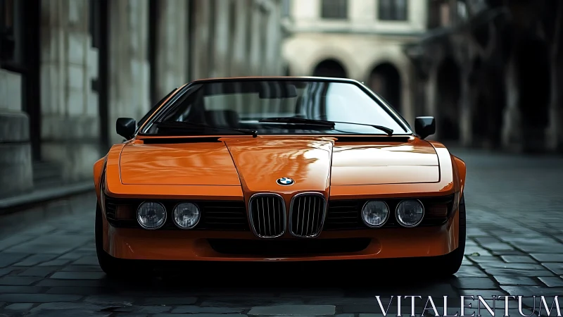 Low-angle frontal view of orange BMW sports coupe in cobbled street