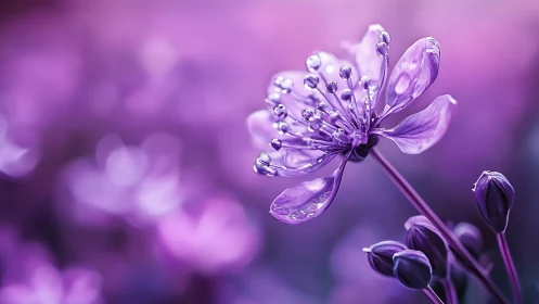 Dew-Kissed Petals: Nature's Jeweled Dance in Purple.