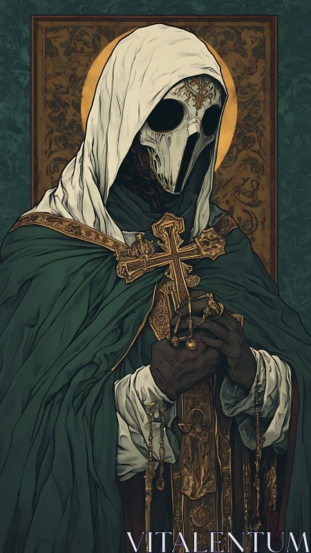 Sanctified Reaper in ornate vestments cradling a gilded cross.