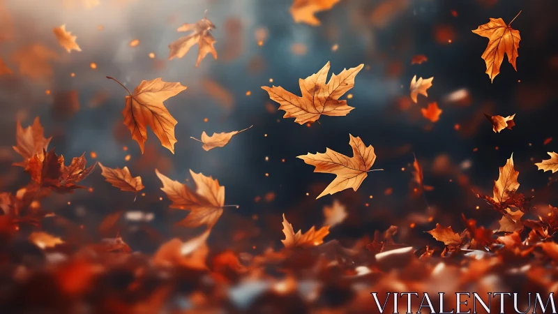 Orange maple leaves swirling in a blurred autumn breeze.