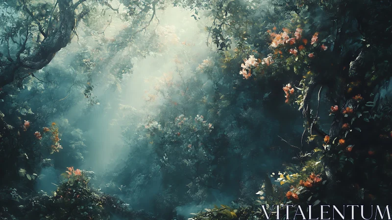 Mystical Forest Canyon with Cascading Blooms