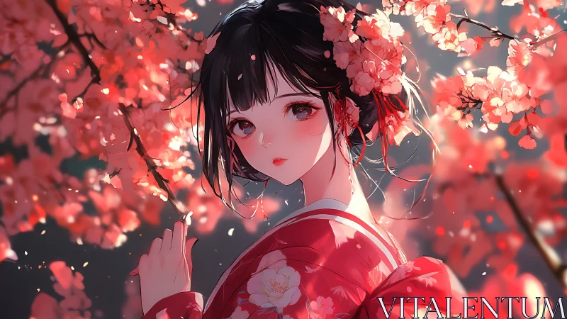Anime girl in red kimono amid glowing cherry blossoms.