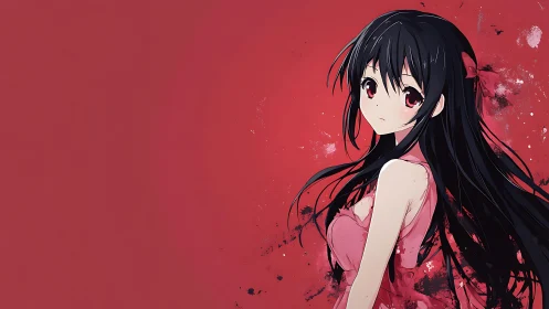 Soft gaze in crimson: quiet anime portrait in motion.