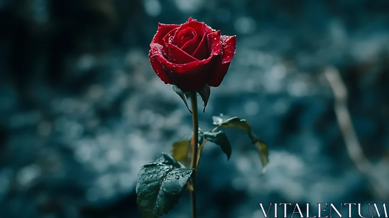 Photorealistic scarlet rose on cool-toned blurred ground.