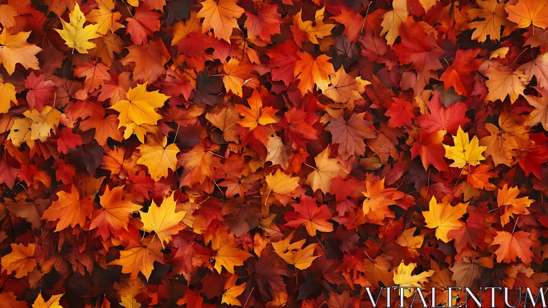 Autumn maple leaves forming dense colorful forest carpet.
