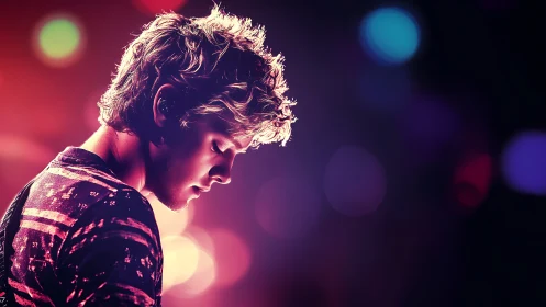 Side-lit young man in neon bokeh portrait with cinematic contrast