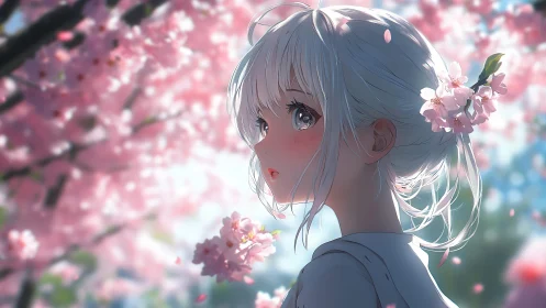 Silver haired girl under luminous pink cherry blossoms.