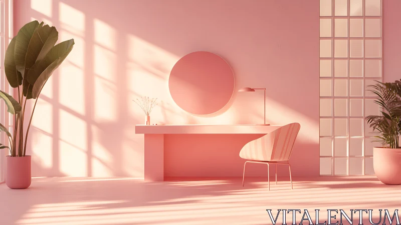 Monochrome pink workspace with planar shadows and foliage.