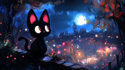 Black cat observes illuminated riverside city under vivid moonlight