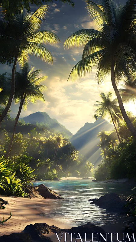 Backlit tropical river valley shows volumetric light and depth