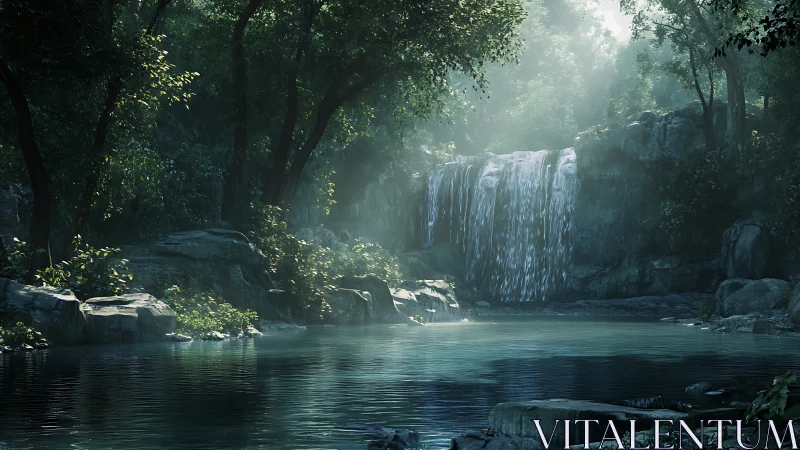 Waterfall cascades into calm forest pool under filtered light