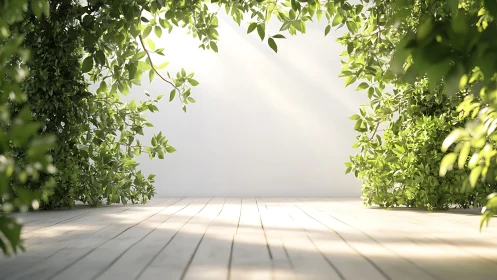 Wooden deck bordered by dense green foliage and light.