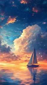 Sailboat on reflective sea under vivid clouded sky.