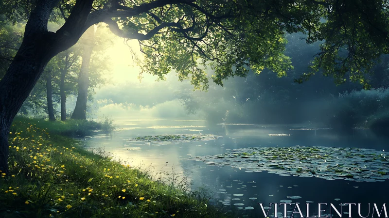 Sunlit forest river with misty lilies at dawn glow.