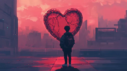 Solitary figure observing cracked red heart in cityscape.