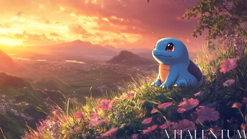 Gentle blue creature watches a glowing valley sunset in peace