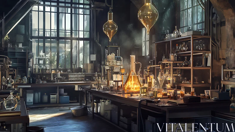 Sunlit vintage laboratory glows around central alembic flame