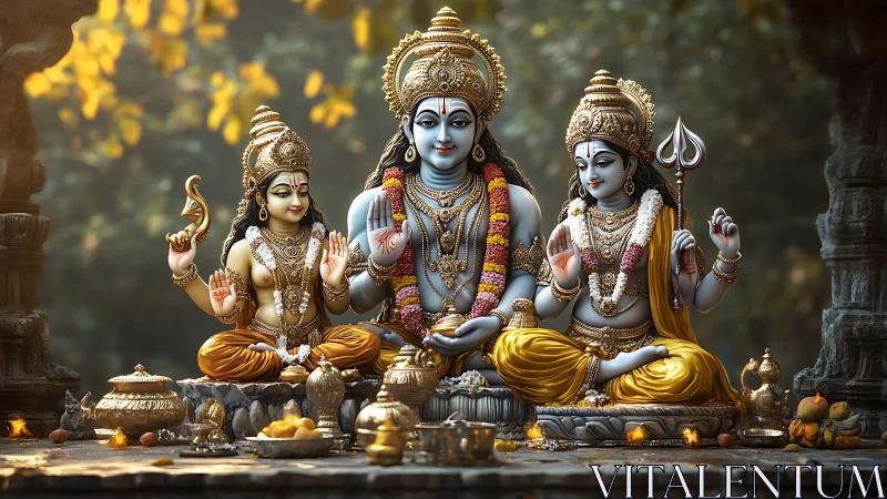 Divine Hindu family statues sit on stone altar with offerings