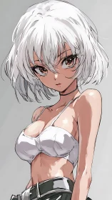 White-haired anime girl in cropped top under soft studio light.