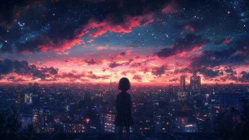 Solitary silhouette over neon city at luminous dusk sky.