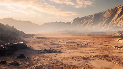 Rocky desert plain under soft light with distant ridges.