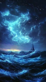 Lone sailboat under stormy night sky and glowing sea.