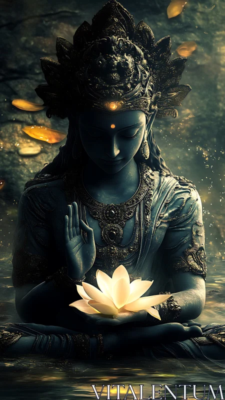 Luminescent lotus over meditative deity in chiaroscuro stillness.