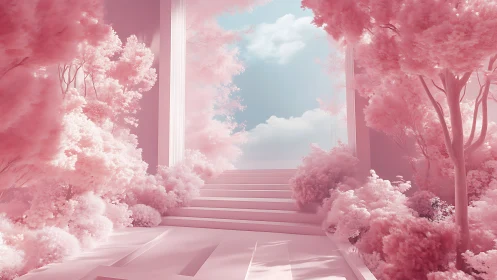 Dreamlike pink garden stairway opening toward sky portal.