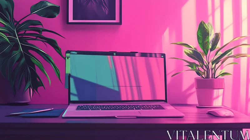 Neon home office desk with laptop and lush potted plants.