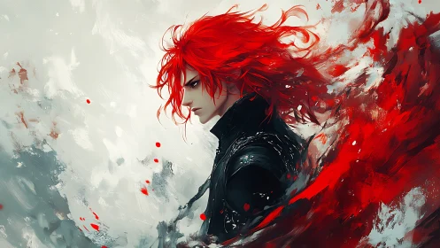 Crimson haired warrior in dynamic red and white digital swirl