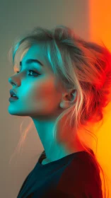 Neon rim-lit female profile with teal and orange key lighting