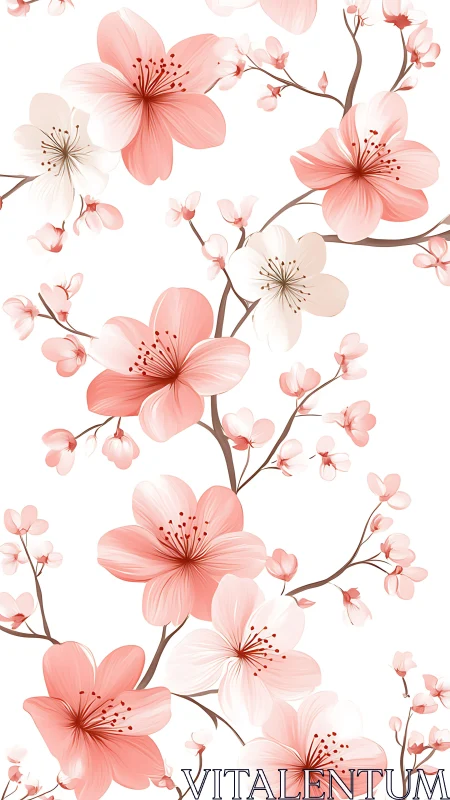 Delicate Pink Cherry Blossoms on Branches Against White