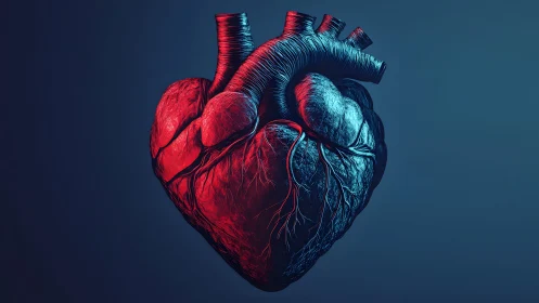 Realistic anatomical human heart illustration in dramatic lighting.