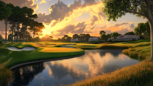 Golden hour calm over a lakeside golf course retreat.